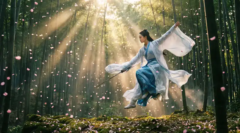 四虎视频精彩影片预告片画面，竹林中女侠飞身舞剑